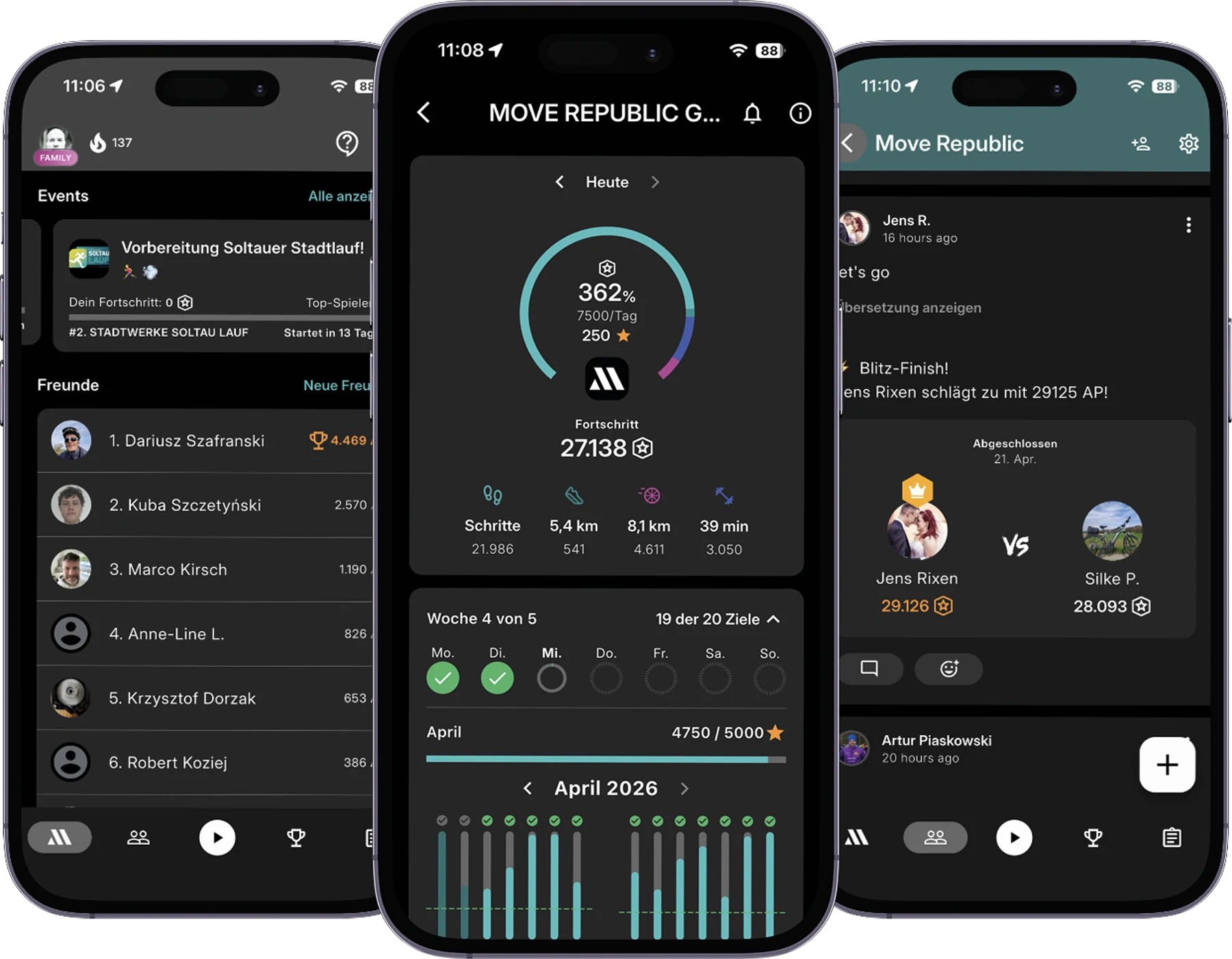 Move Republic app på tre iPhones: venneliste, daglig fremgang, fellesskap